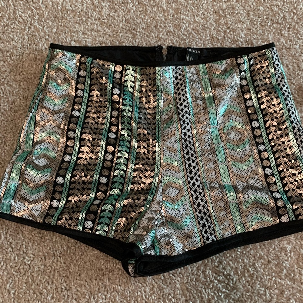 Forever 21 blue silver and black sequin shorts - Picture 2 of 6